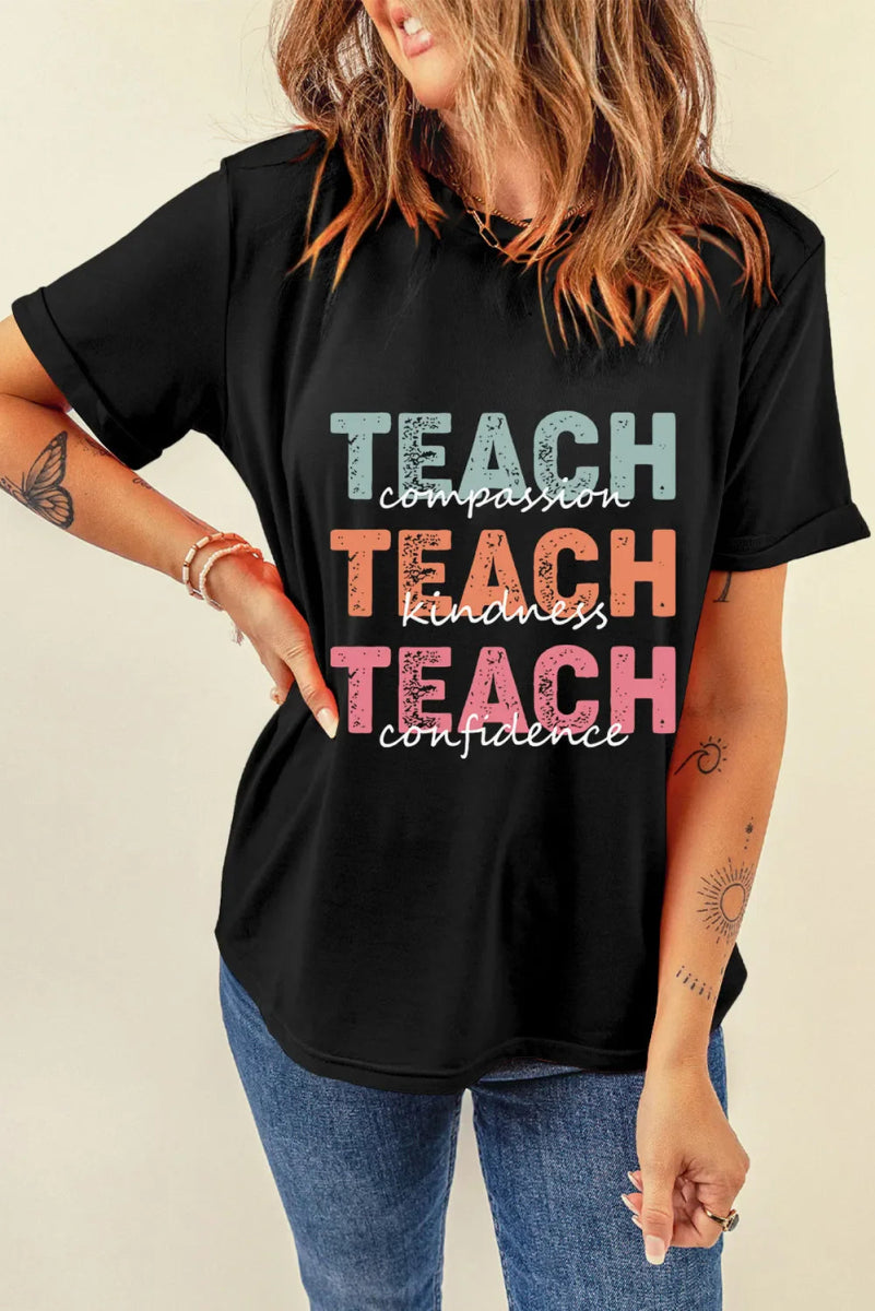 Letter Graphic Round Neck Short Sleeve T-Shirt for Women - Love Salve
